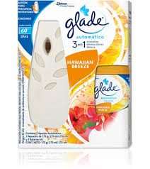 Presentación: * Dispensador + Aromatizante de 270 cm * Caja de 04 unidades. * Hawaiian Breeze. Descripción: El aromatizante de ambientes automático Glade® funciona con baterÃas y libera fragancia automáticamente. Además, tiene un botón de rocÃo que brinda más control con una descarga instantánea de fragancia. Presentación: * Dispensador + Aromatizante de 270 cm * Caja de 04 unidades. * Hawaiian Breeze. Descripción: El aromatizante de ambientes automático Glade® funciona con baterÃas y libera fragancia automáticamente. Además, tiene un botón de rocÃo que brinda más control con una descarga instantánea de fragancia.