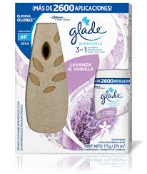 Presentación: * Dispensador + Aromatizante de 270 cm * Caja de 04 unidades. * Campos de Lavanda. Descripción: El aromatizante de ambientes automático Glade® funciona con baterÃas y libera fragancia automáticamente. Además, tiene un botón de rocÃo que brinda más control con una descarga instantánea de fragancia. Presentación: * Dispensador + Aromatizante de 270 cm * Caja de 04 unidades. * Campos de Lavanda. Descripción: El aromatizante de ambientes automático Glade® funciona con baterÃas y libera fragancia automáticamente. Además, tiene un botón de rocÃo que brinda más control con una descarga instantánea de fragancia.
