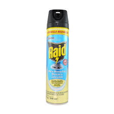 Presentación: * Frasco de 360 cc. * Paquete de 12 Frascos de 360 cc. Descripción: Raid® Insecticida Mata Moscas, Mosquitos y Zancudos actúa al instante contra los insectos voladores. Ahora con su nueva fórmula PowerShot que actúa x2 más rápido contra los mosquitos.Agite bien antes de usar. RocÃe lejos de la cara una pequeña cantidad, presione el botón sosteniendo el recipiente lo más vertical posible y retÃrese. Después, mantenga la habitación cerrada durante 15 minutos. Ventilar 30 minutos antes de reingresar. No desperdicie RAID®, una aplicación de pocos segundos es suficiente. Evite el uso excesivo. Al rociar cerca de estufas o calentadores de agua apague el piloto, asegúrese de que el piloto se apague primero antes de usarlo. Se recomienda comprobar posibles tinciones y daños en un lugar poco visible antes del tratamiento. Presentación: * Frasco de 360 cc. * Paquete de 12 Frascos de 360 cc. Descripción: Raid® Insecticida Mata Moscas, Mosquitos y Zancudos actúa al instante contra los insectos voladores. Ahora con su nueva fórmula PowerShot que actúa x2 más rápido contra los mosquitos.Agite bien antes de usar. RocÃe lejos de la cara una pequeña cantidad, presione el botón sosteniendo el recipiente lo más vertical posible y retÃrese. Después, mantenga la habitación cerrada durante 15 minutos. Ventilar 30 minutos antes de reingresar. No desperdicie RAID®, una aplicación de pocos segundos es suficiente. Evite el uso excesivo. Al rociar cerca de estufas o calentadores de agua apague el piloto, asegúrese de que el piloto se apague primero antes de usarlo. Se recomienda comprobar posibles tinciones y daños en un lugar poco visible antes del tratamiento.