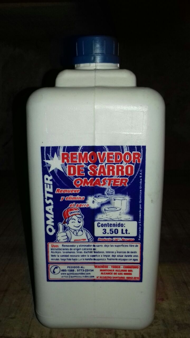 Presentación: * Galón de 3.5 Litros Descripción: Removedor de sarro para la limpieza de los baños, de preferencia para los inodoros, eliminando germenes y bacterias, ademas del sarro acumulado dejando limpio. Presentación: * Galón de 3.5 Litros Descripción: Removedor de sarro para la limpieza de los baños, de preferencia para los inodoros, eliminando germenes y bacterias, ademas del sarro acumulado dejando limpio.