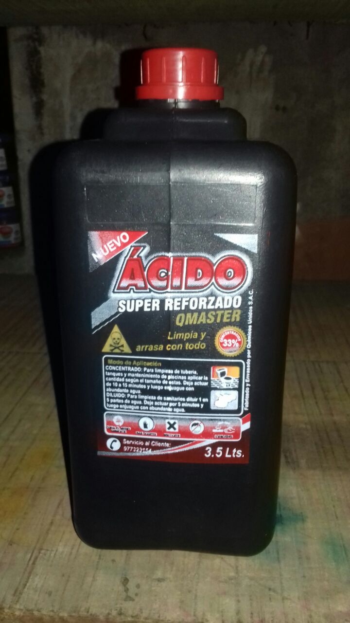 Presentación: * Galón de 3.5 Litros. * Botella de 2 Litros. * Botella de 1 Litro. Descripción: Limpiador de sarro para dejar limpio los lugares a desinfectante, También se utiliza para desatorar los inodoros. Producto super reforzado para una garantizada calidad. Presentación: * Galón de 3.5 Litros. * Botella de 2 Litros. * Botella de 1 Litro. Descripción: Limpiador de sarro para dejar limpio los lugares a desinfectante, También se utiliza para desatorar los inodoros. Producto super reforzado para una garantizada calidad.
